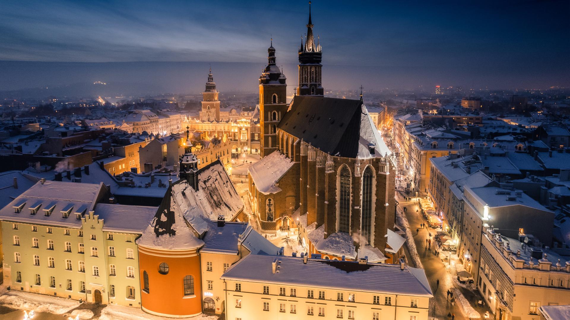 Christmas market in snowy Krakow, Poland