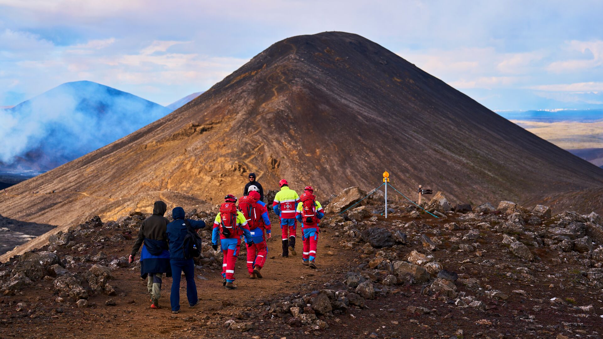 Safety teams on the hiking trail to Fagradalsfjall volcano