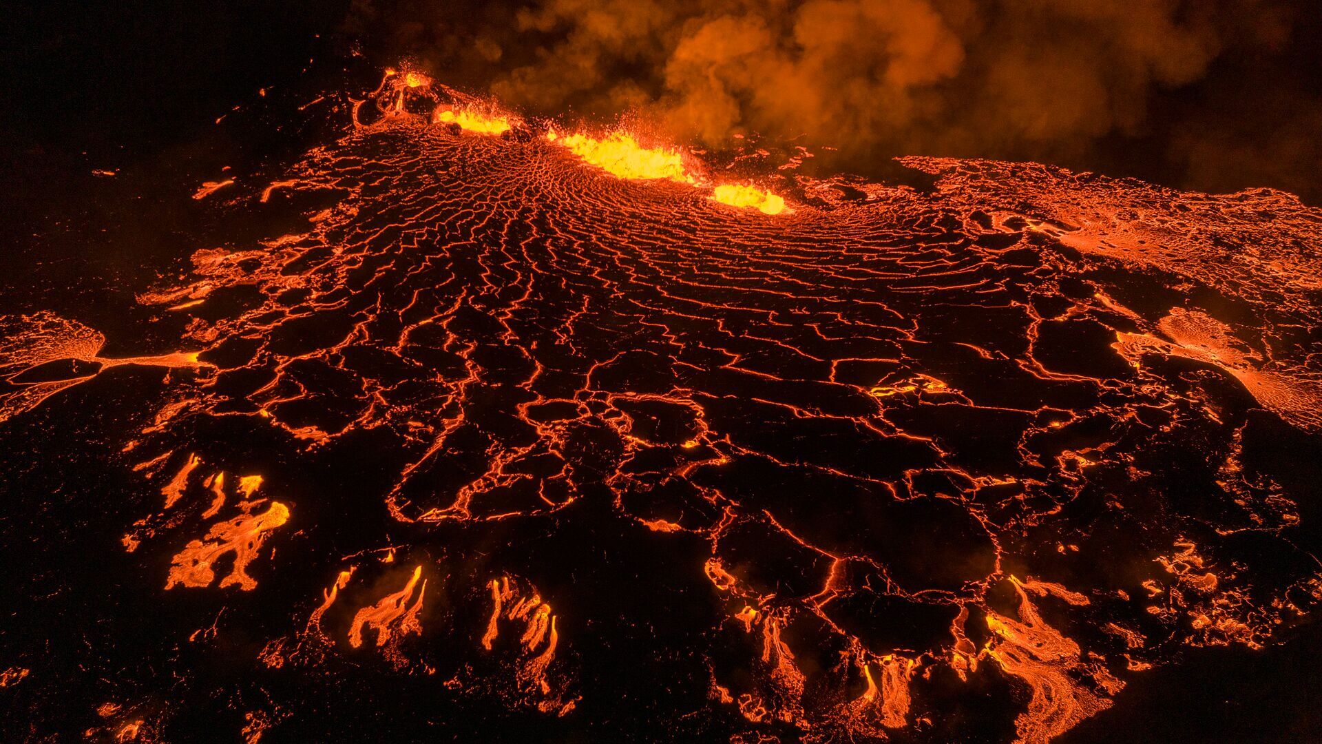 Lava flowing from the volcano eruption into Meradalir valley