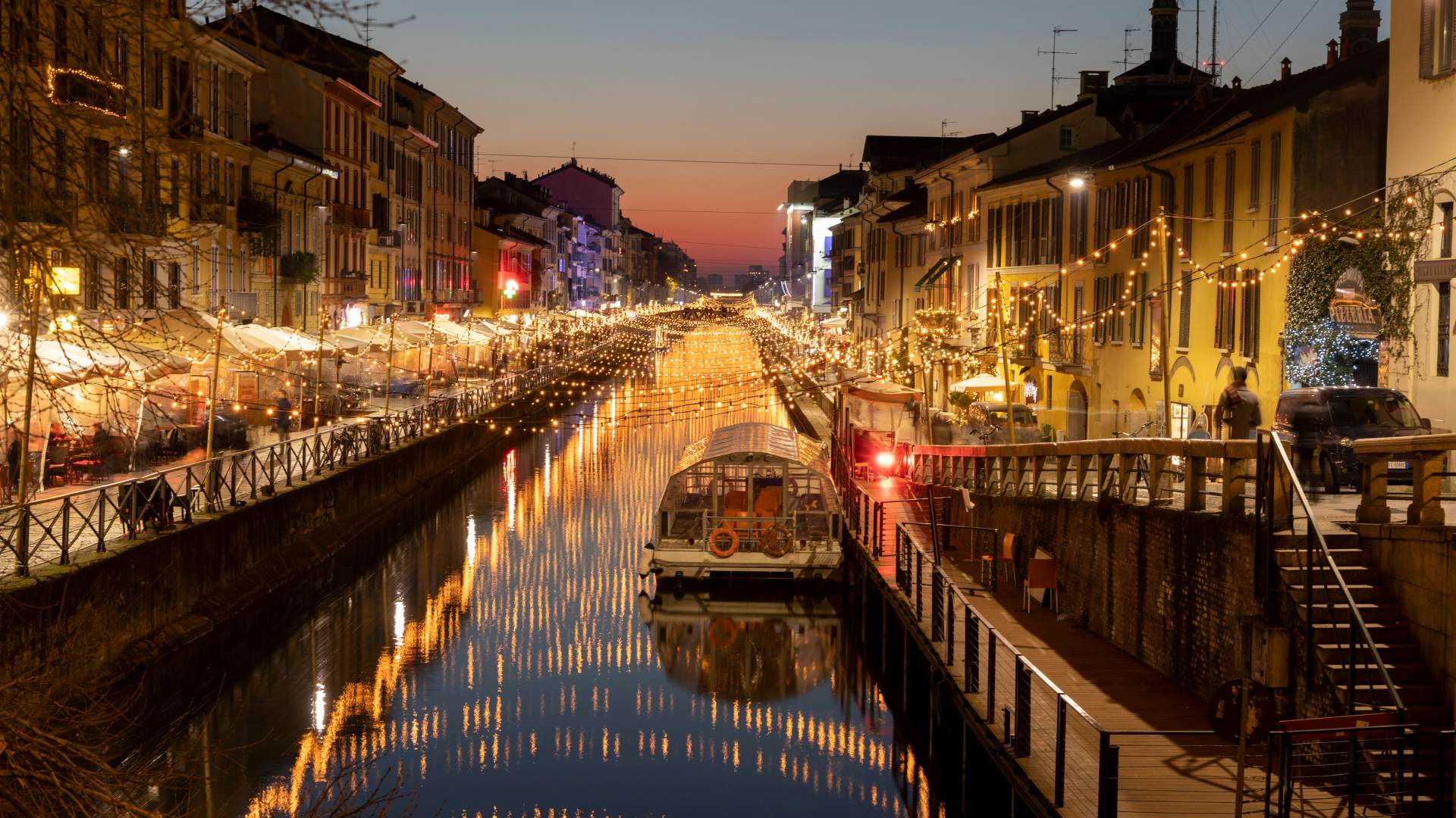 Naviglio canal at Christmas in Milan, Italy