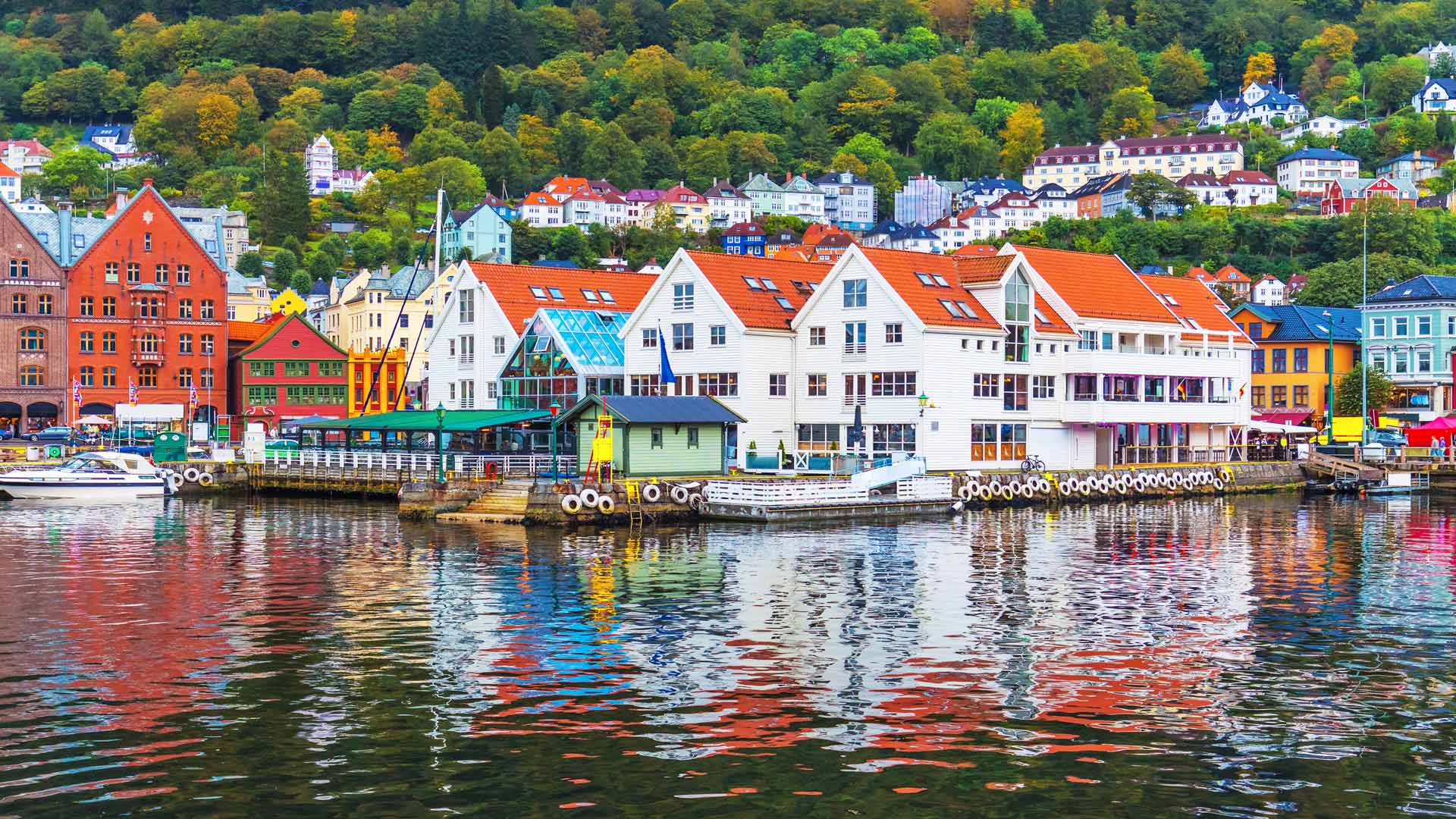 Colourful Bergen harbour view