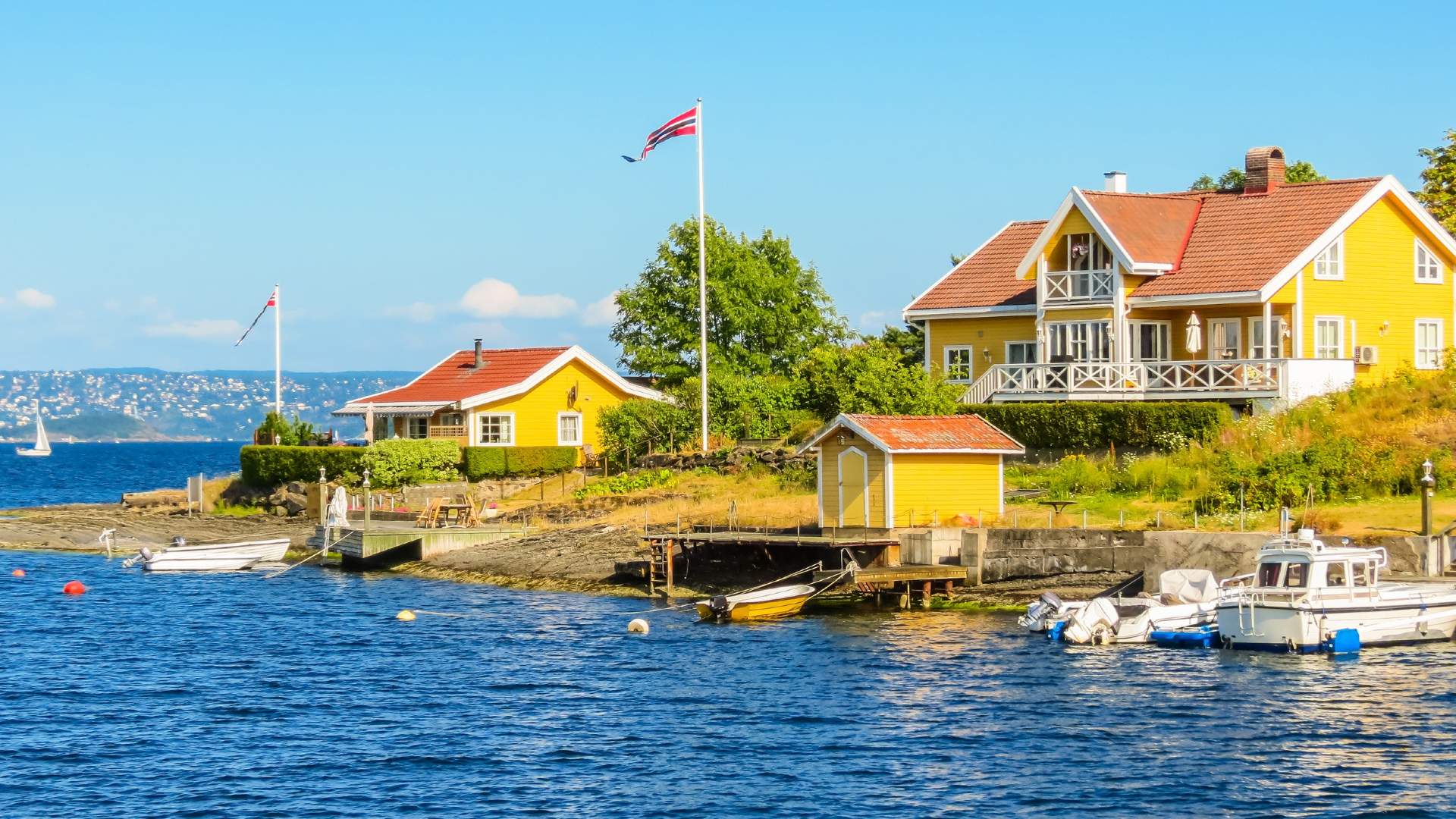 Yellow cabin on an island in Oslofjord, Norway