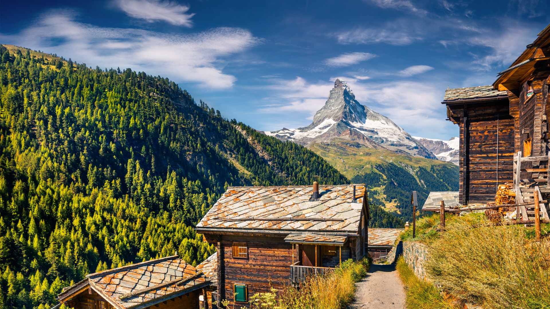 Alpine village with the Matterhorn in the background, Switzerland